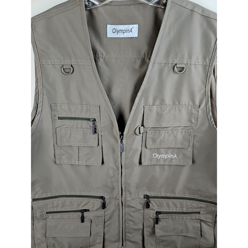 OlympinA Fishing Vest Mens XL Olive Khaki Utility Travel Multi Pocket Zip